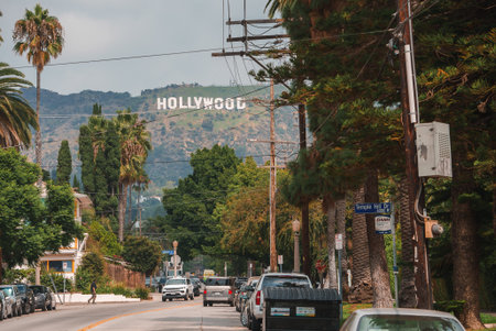 Los Angeles street view with Hollywood Sign in backgroundの写真素材