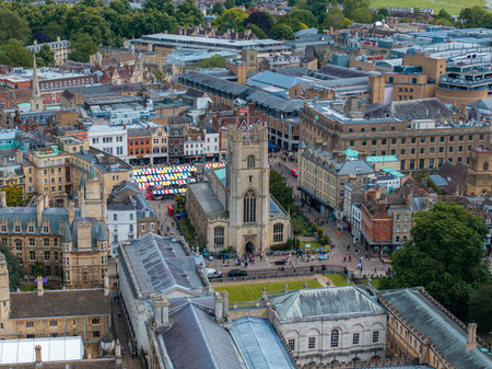 Aerial view of the old town of Cambridge. Beautiful Kings College Chapel