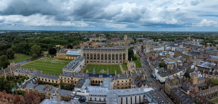 Aerial view of the old town of Cambridge. Beautiful Kings College Chapel