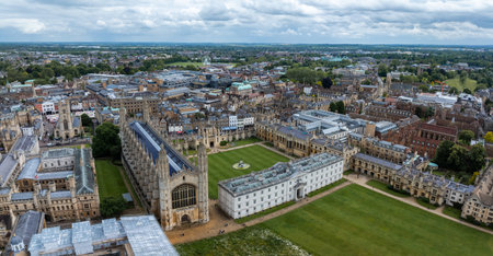 Aerial view of the old town of Cambridge. Beautiful Kings College Chapel