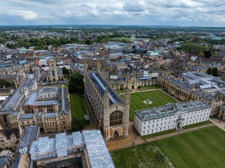 Aerial view of the old town of Cambridge. Beautiful Kings College Chapel
