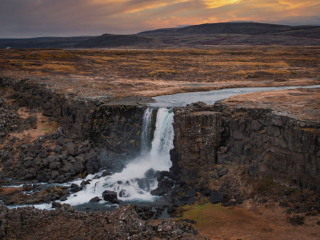 Aerial panorama of the Oxarafoss waterfalls in Iceland. Oxarafoss also called Oxararfossの写真素材