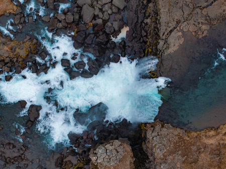 Aerial panorama of the Oxarafoss waterfalls in Iceland. Oxarafoss also called Oxararfossの写真素材