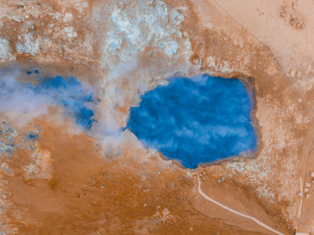 Geothermal area in Haukadular valley, Iceland, with steaming hot springs, hot water streamsの写真素材