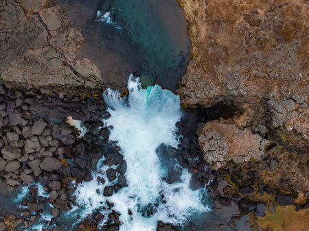 Aerial panorama of the Oxarafoss waterfalls in Iceland. Oxarafoss also called Oxararfossの写真素材