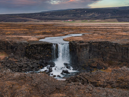 Aerial panorama of the Oxarafoss waterfalls in Iceland. Oxarafoss also called Oxararfossの写真素材
