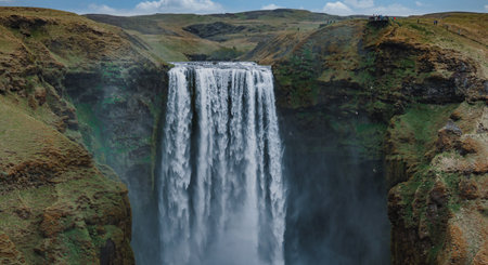 Aerial View of Majestic Waterfall Cascading Down Steep Cliff in Icelandの写真素材