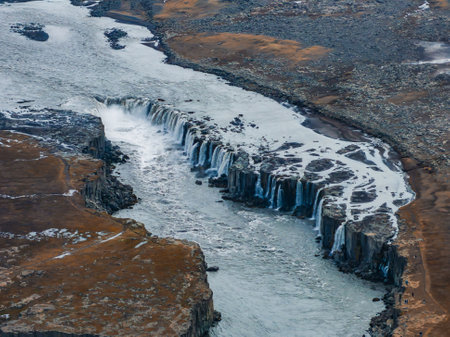 Aerial view of the Dettifoss Waterfall in Jokulsarglijufur National Park in Iceland.の写真素材