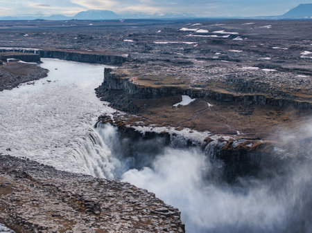 Aerial view of the Dettifoss Waterfall in Jokulsarglijufur National Park in Iceland.の写真素材