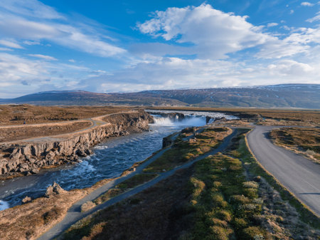 Aerial view of the powerful Godafoss waterfall on a sunny day in Northern Iceland.の写真素材