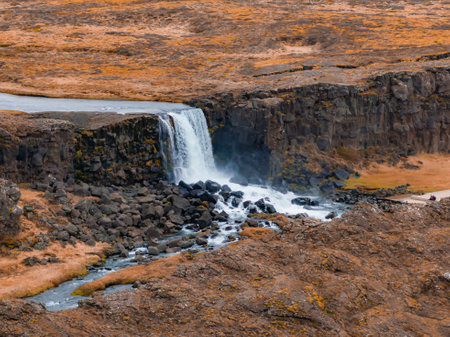Aerial panorama of the Oxarafoss waterfalls in Iceland. Oxarafoss also called Oxararfossの写真素材
