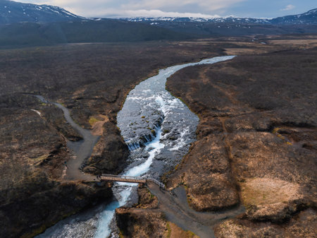 Majestic summer aerial view of Bruarfoss Waterfall. The Icelands Bluest Waterfall.の写真素材