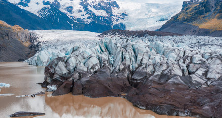 Aerial beautiful spring day view of Svinafellsjokull Glacier, Iceland.の写真素材