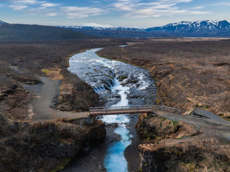 Majestic summer aerial view of Bruarfoss Waterfall. The Icelands Bluest Waterfall.の写真素材