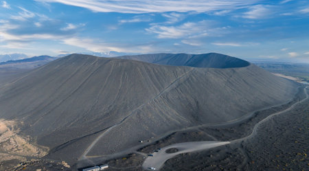 Aerial view of Large Hverfjall volcano crater is Tephra cone or Tuff ring volcanoの写真素材