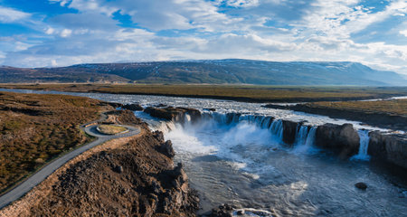 Aerial view of the powerful Godafoss waterfall on a sunny day in Northern Iceland.の写真素材