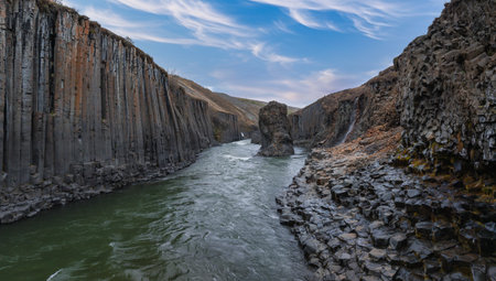 Aerial view of the Studlagil Canyon. Beautiful view of Jokulsa A Bru river.