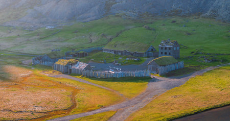 Beautiful panoramic aerial shot of Viking Village near Vestrahorn mountain at Stokksnesの写真素材