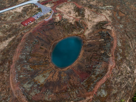 Aerial view of the Keria, a volcanic crater lake in Iceland.の写真素材