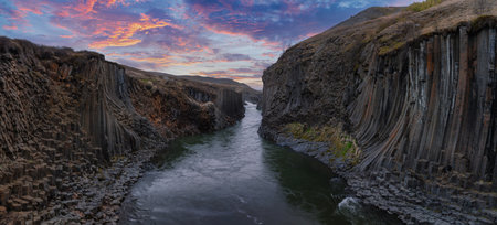 Aerial view of the Studlagil Canyon. Beautiful view of Jokulsa A Bru river.