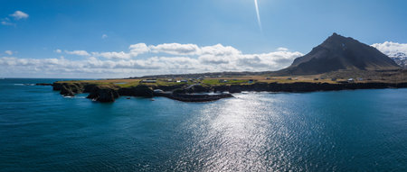 Aerial View of Rocky Coastline with Green Vegetation and Blue Waters in Icelandの写真素材