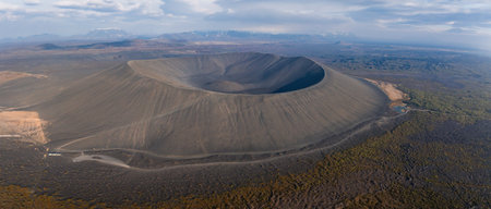 Aerial View of a Volcanic Crater with Green and Brown Landscape in Iceland