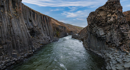 Aerial view of the Studlagil Canyon. Beautiful view of Jokulsa A Bru river.の写真素材