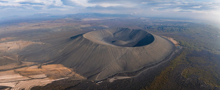 Aerial View of a Volcanic Crater in Icelands Barren Rocky Landscapeの写真素材