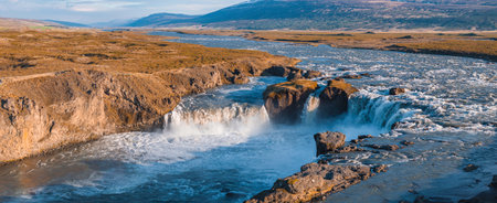 Aerial view of the powerful Godafoss waterfall on a sunny day in Northern Iceland.の写真素材