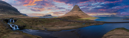 Aerial View of Kirkjufell Mountain at Sunset with Vibrant Sky Colorsの写真素材