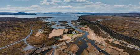 Aerial View of Pingvellir National Park with Tectonic Rift Valley in Icelandの写真素材