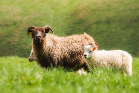 Icelandic Sheep Grazing on Lush Green Field with Rolling Hills in Backgroundの写真素材