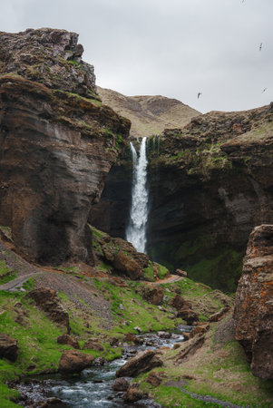 Majestic Waterfall Cascading into a Gorge Surrounded by Lush Greenery in Icelandの写真素材