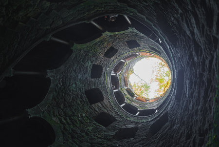 Interior View of the Initiation Well at Quinta da Regaleira in Sintra, Portugalの写真素材