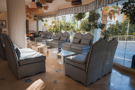 Luxurious Hotel Seating Area with Striped Upholstered Chairs and Natural Lightの写真素材
