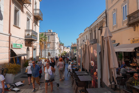 Charming Street Scene in a Historic Sardinian Town, Italyの写真素材
