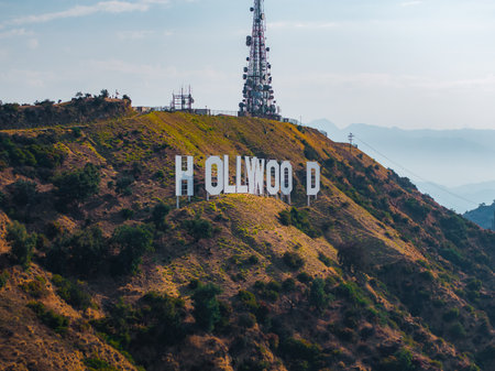 Hollywood Sign and Communication Tower in Los Angeles Hillsの写真素材