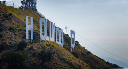 Partial View of Hollywood Sign with Communication Towersの写真素材