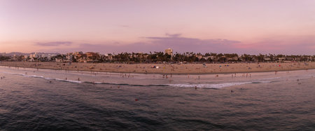 Aerial View of Venice Beach at Sunset with Los Angeles Skylineの写真素材