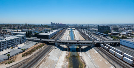Aerial View of Los Angeles River with Bridge and Cityscape