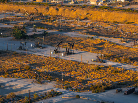 Aerial View of Oil Field in California Desert with Oil Rigsの写真素材