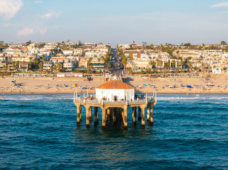 Manhattan Beach Pier Extending into the Pacific Ocean in Californiaの写真素材