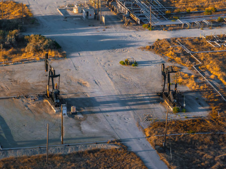 Aerial View of Oil Rigs in California Desert Landscapeの写真素材