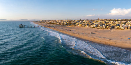 Aerial View of Manhattan Beach Pier and Surrounding Area in Californiaの写真素材