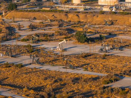 Aerial View of Oil Rigs in California Desert Landscape