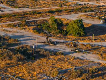 Aerial View of Oil Rigs in California Desert Landscapeの写真素材