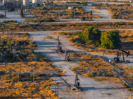 Aerial View of Oil Rigs in California Desert Landscapeの写真素材