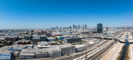 Aerial View of Downtown Los Angeles Skyline and River Channel