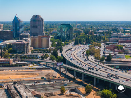 Aerial View of Sacramentos Urban Landscape with Ziggurat Buildingの写真素材