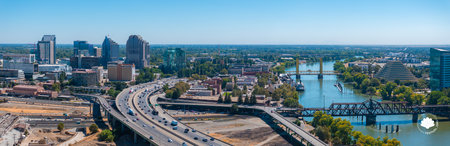 Aerial View of Sacramento Featuring Tower Bridge and Zigguratの写真素材